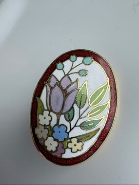 Cloisonné Floral Oval Tulip Brooch - Red, Lavender & Green